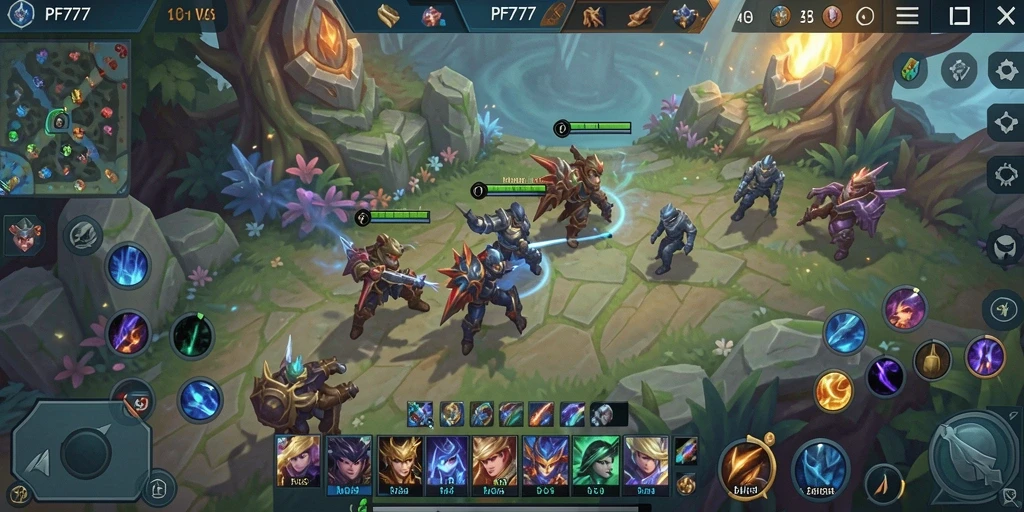Screenshot utama PF777 menampilkan aksi intens dalam pertempuran MOBA.