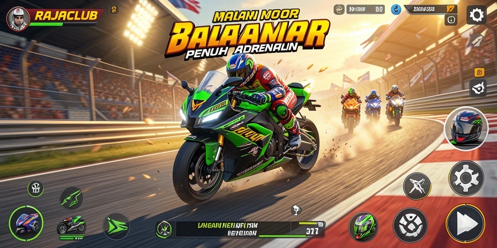 Tampilan gameplay seru dari RAJACLUB dengan balapan motor yang mendebarkan.