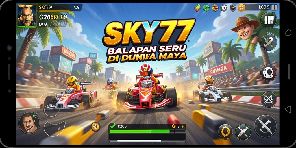 Tangkapan layar utama dari gameplay balapan SKY77 yang mendebarkan.